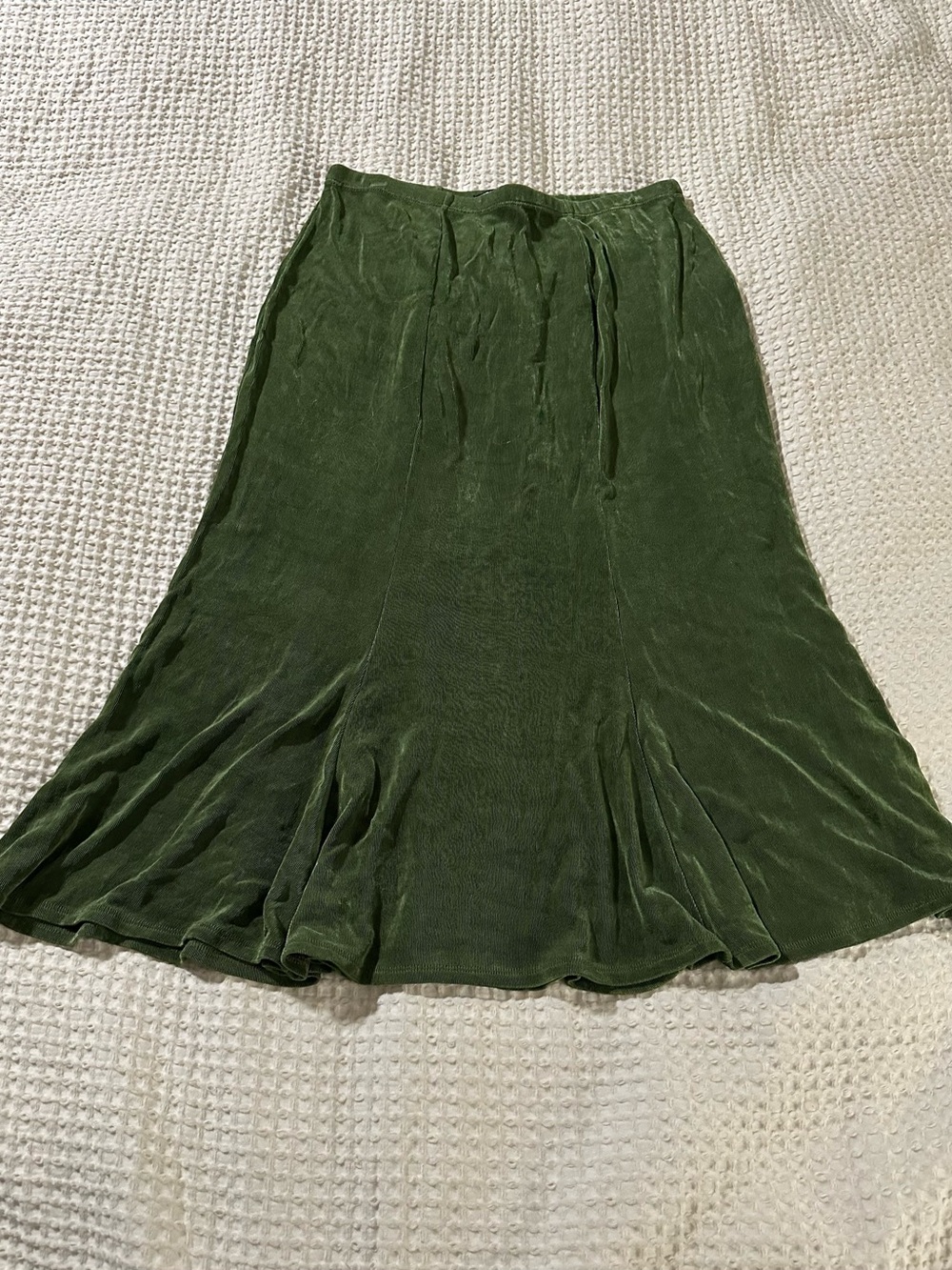 Vintage Y2K Softwear by Mark Singer olive green slinky knit midi flare skirt